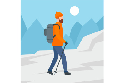 Man walking in mountain background, flat style