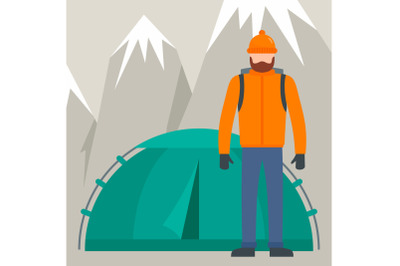 Hiker man near tent mountain background, flat style