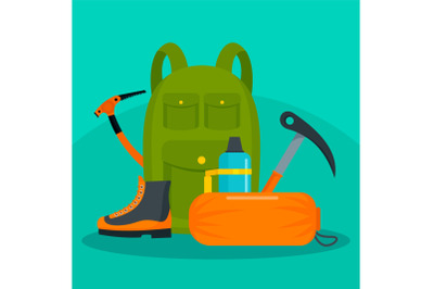 Hiker backpack with tools and shoes background, flat style
