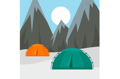 Tents in mountains background, flat style