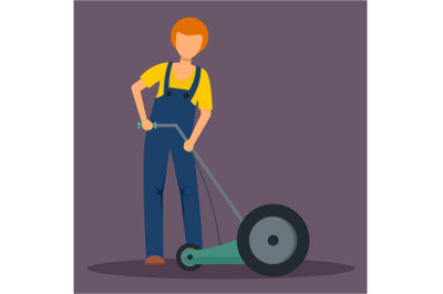 Man holding grass cutter icon, flat style
