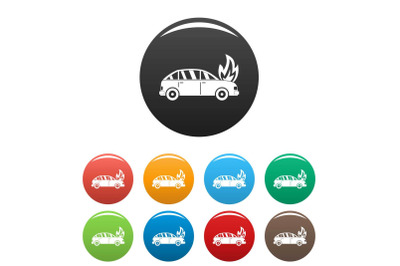 Burning car icons set color vector