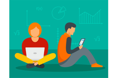 Man and girl gadget learning background, flat style