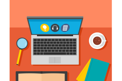 Desktop laptop learning background, flat style