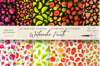 Colorful Watercolor Fruits Seamless Patterns, Digital Paper
