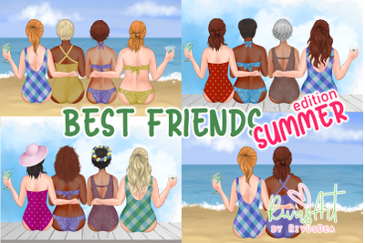 Best friends clipart digital download. BFF PNG gift. Beach scene creat