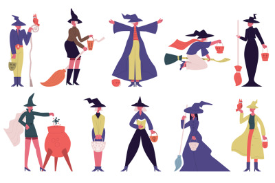 Witch characters. Female halloween characters in witch