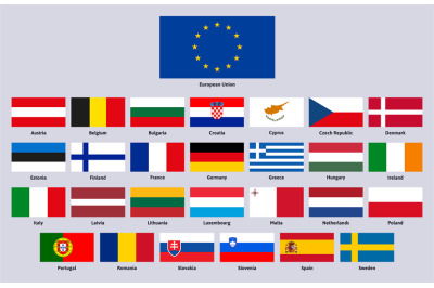 European union flags. Europe union advanced countries, Spain, Germany,