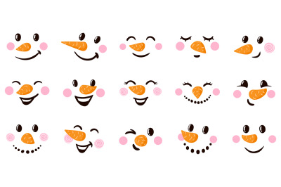 Snowman cartoon faces. Funny snowman faces with various emotions, Chri