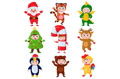 Cartoon kids wearing Christmas costumes. Kids in carnival party