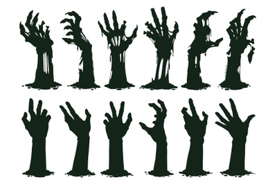 Zombie hands silhouette. Creepy zombie crooked lambs stick out of grav