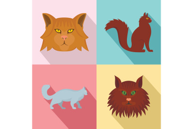 Maine coon cat profile icons set, flat style