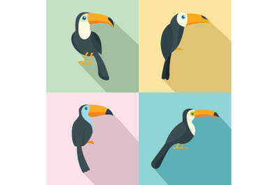 Toucan parrot bird icons set, flat style