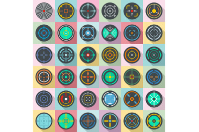 Crosshair target scope sight icons set, flat style