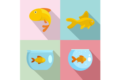 Goldfish and fishbowl icons set, flat style