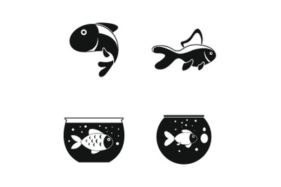 Goldfish and fishbowl icons set, simple style
