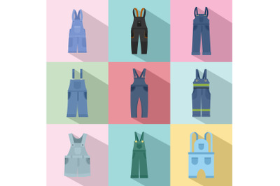 Overalls workwear icons set, flat style