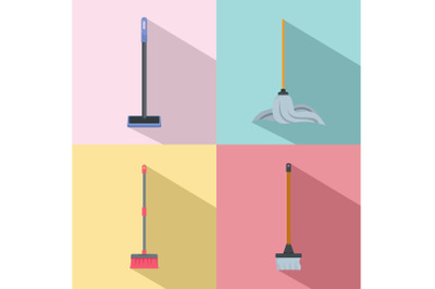 Mop cleaning swab icons set, flat style