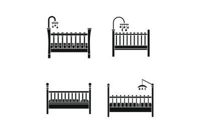 Baby crib cradle bed icons set, simple style