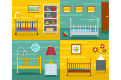 Baby crib cradle banner concept set, flat style