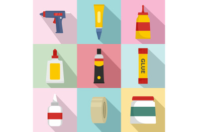 Glue stick adhesive icons set, flat style