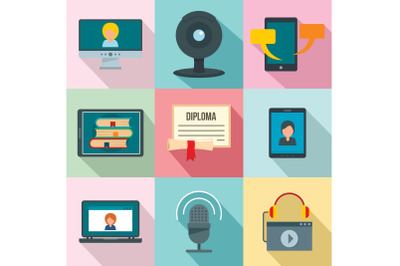Webinar training online icons set, flat style