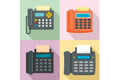 Fax machine telephone icons set, flat style