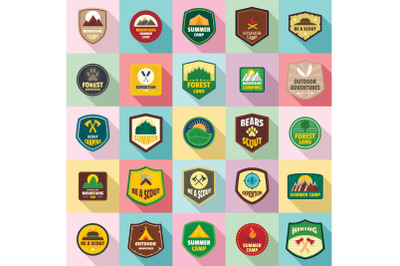 Scout badge emblem stamp icons set, flat style