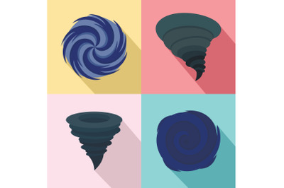 Hurricane storm damage icons set, flat style