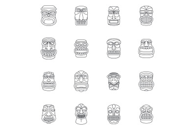 Tiki idol aztec hawaii icons set, outline style