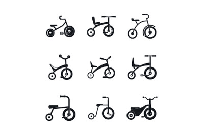 Tricycle bicycle bike wheel icons set, simple style