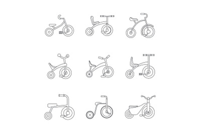 Tricycle bicycle bike wheel icons set, outline style