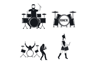 Drummer drum rock musician icons set, simple style