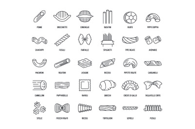 Macaroni pasta spaghetti icons set, outline style