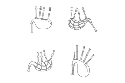 Bagpipes scotland scottish icons set, outline style