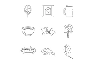 Spinach leaves vegetables icons set, outline style