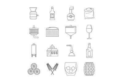 Whisky bottle glass icons set, outline style