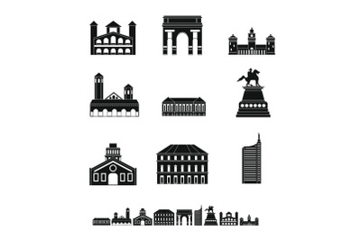 Milan Italy city skyline icons set, simple style