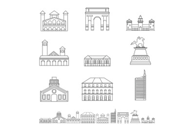 Milan Italy city skyline icons set, outline style