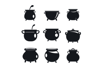 Cauldron kettle halloween icons set, simple style