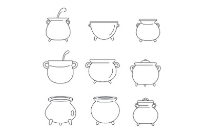 Cauldron kettle halloween icons set, outline style