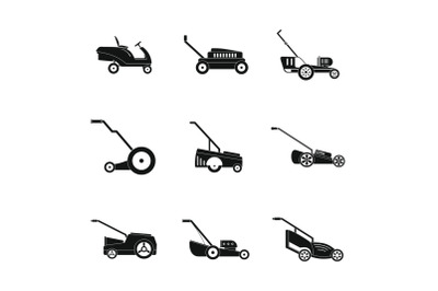 Lawnmower grass garden icons set, simple style