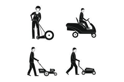 Lawnmower service man icons set, simple style