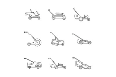 Lawnmower grass garden icons set, outline style