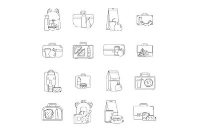 Lunchbox food icons set, outline style