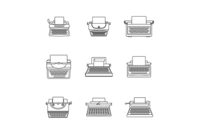 Typewriter machine keys icons set, outline style