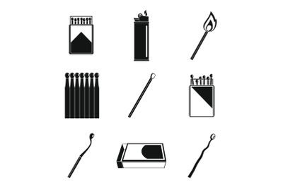 Safety match ignite burn icons set, simple style