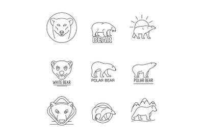 Polar bear baby white icons set, outline style