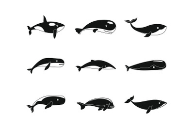 Whale blue tale fish icons set, simple style