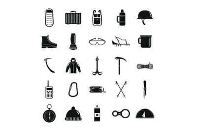 Mountaineering equipment icons set, simple style